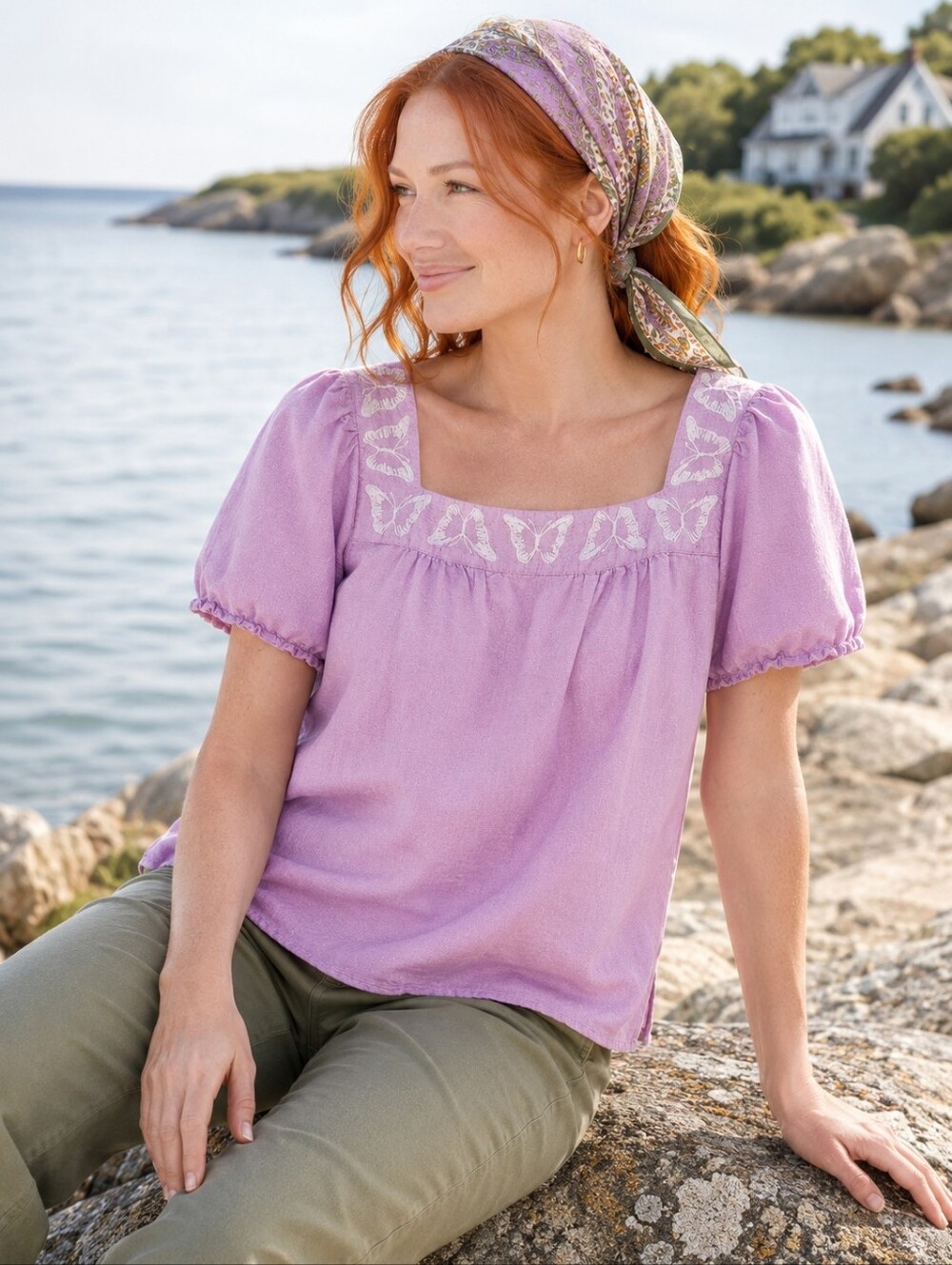 Talbots Linen Blend Butterfly Embroidered Top XL Lavender Cottagecore